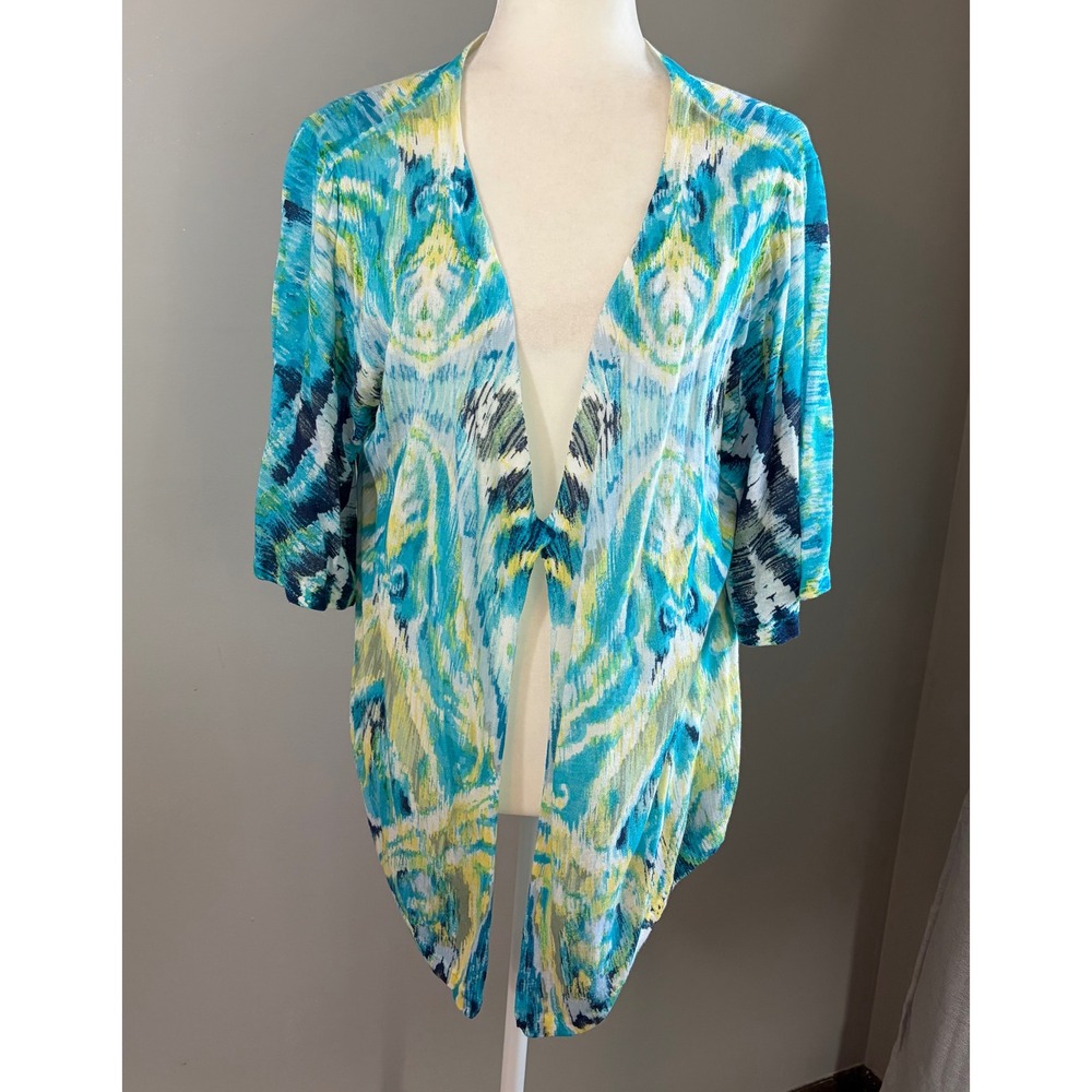 Chicos Blue Green Ikat Print Open Front Cardigan Ramie Rayon Knit Sz 8-10
